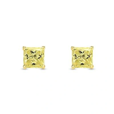 Pre-owned Shine Brite With A Diamond 2.75 Ct Princess Canary Earrings Studs Solid 14k Yellow Gold Push Back Basket