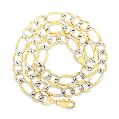 Pre-owned Nuragold 14k Yellow Gold Mens Solid 12mm Diamond Cut White Pave Figaro Chain Necklace 26"