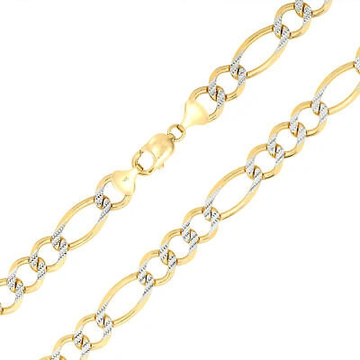 Pre-owned Nuragold 14k Yellow Gold Mens Solid 12mm Diamond Cut White Pave Figaro Chain Necklace 26"