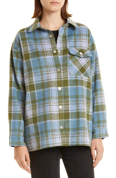 Shop Monrow Plaid Snap-up Shirt Jacket In Lilac Green Blue