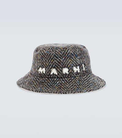 Shop Marni Logo Wool Bucket Hat In Pigeon