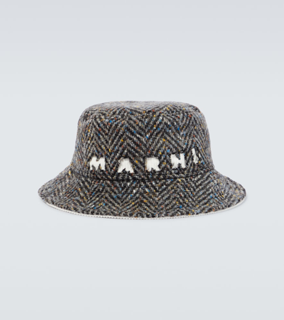 Marni Speckled Wool Logo Bucket Hat In Pigeon