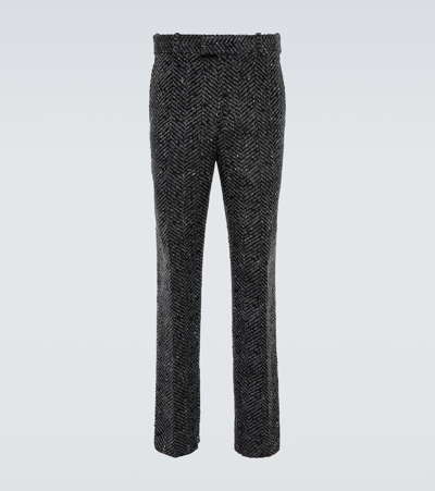 Shop Bottega Veneta Herringbone Wool-blend Pants In Black/grey