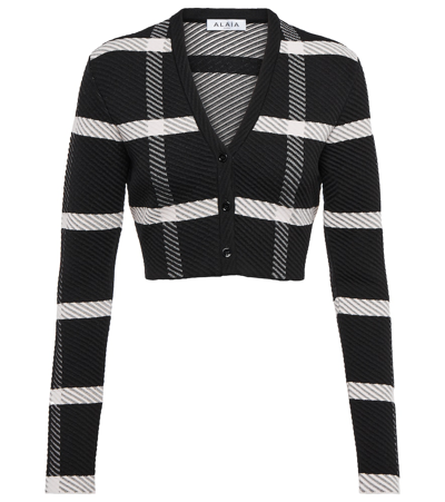 Shop Alaïa Checked Wool-blend Cardigan In Noir/blanc