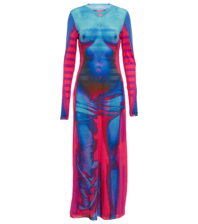 Shop Y/project X Jean Paul Gaultier Body Morph Mesh Maxi Dress In Pink Blue