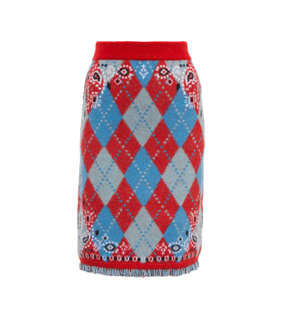 Shop Alanui Bandana Argyle Wool-blend Skirt In Red Cobalt