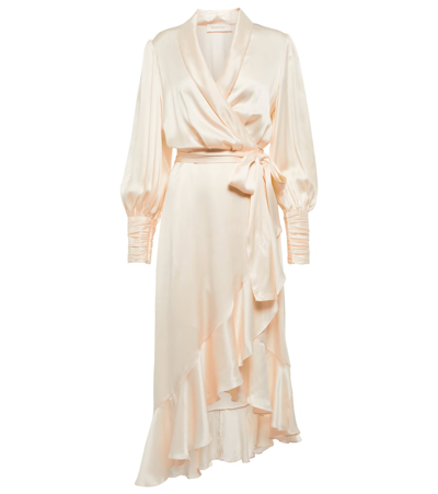 Shop Zimmermann Silk Satin Wrap Midi Dress In Milk