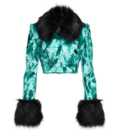 Shop Alessandra Rich Faux Fur-trimmed Velvet Cropped Jacket In Turquoise