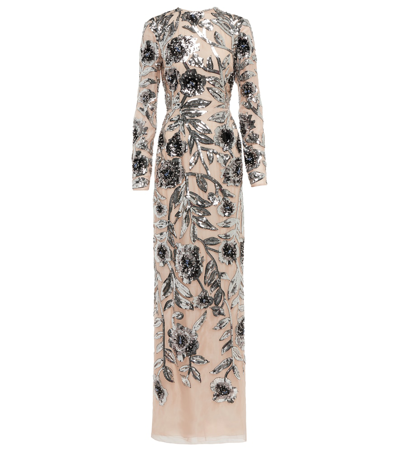 Shop Erdem Malvina Sequin-embellished Silk Gown In Pink + Silver