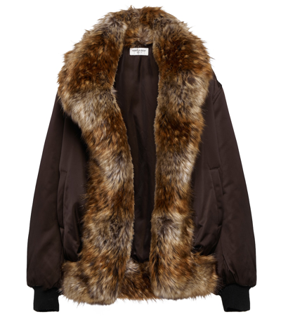 Shop Saint Laurent Animal-free Fur-trimmed Satin Bomber Jacket In Chataigne