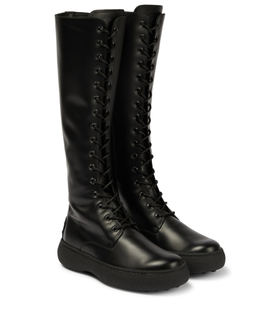 Shop Tod's Lace-up Leather Knee-high Boots In Black