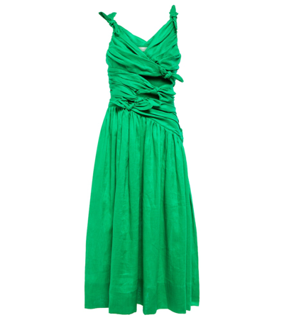 Shop Zimmermann Tiggy Ruched Linen Midi Dress In Green