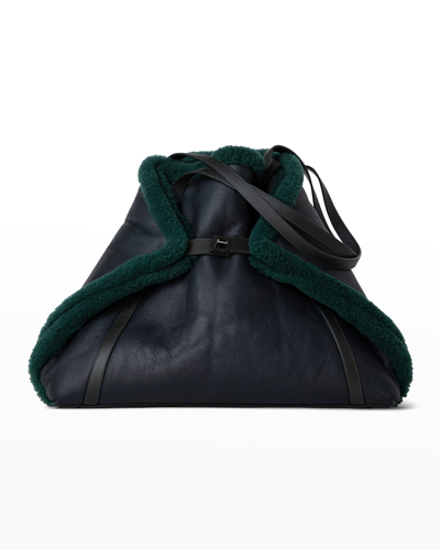 Shop Akris Ai Medium Reversible Shearling Shoulder Bag In Bottle Green