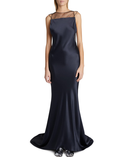 Shop Maison Margiela Satin Open-back Trumpet Gown With Sheer Detail In Navy Blue