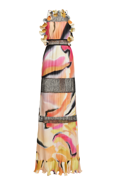 Shop Zuhair Murad Women's Aerial Pleated Print Lace Panel Maxi Dress