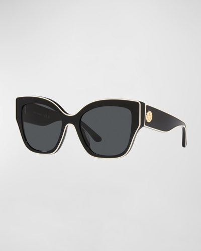 Shop Tory Burch Contrasting Acetate Butterfly Sunglasses In Black Grey