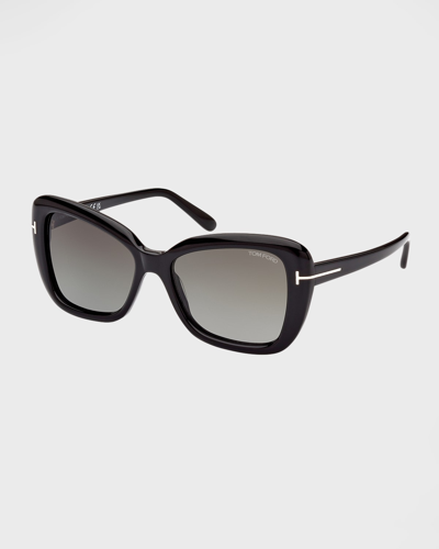 Shop Tom Ford Maeve Havana Acetate Butterfly Sunglasses In Shiny Black
