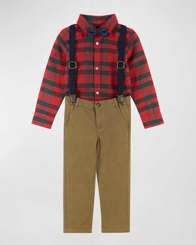 Shop Andy & Evan Boy's Flannel Button Down W/ Pants, Suspenders & Bowtie In Red Plaid