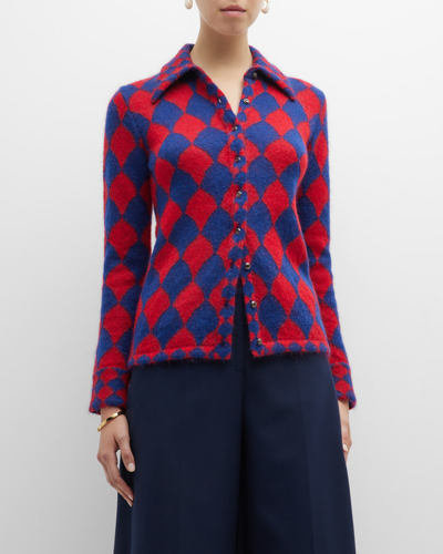 Shop Tory Burch Diamond Button-down Jacquard Knit Shirt In Indigosky/redfla