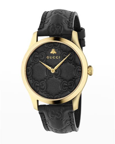 Shop Gucci Men's 38mm Leather Logo Watch In Black