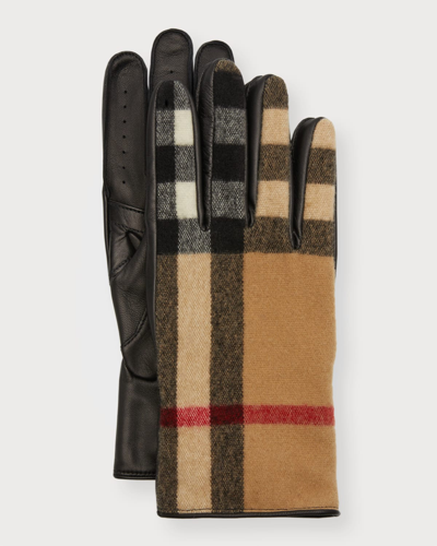 Shop Burberry Men's Exaggerated Check Wool & Leather Gloves In Archive Beige