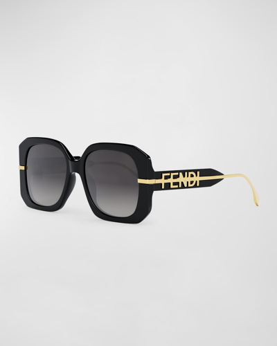 Shop Fendi Oversized Logo Square Acetate & Metal Sunglasses In Shiny Black Gray