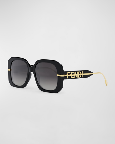 Fendi Oversized Logo Square Acetate & Metal Sunglasses In Shiny Black Gray