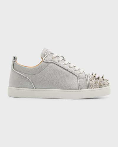 Shop Christian Louboutin Men's Louis Junior Spiked Glitter Sneakers In Silver/silver