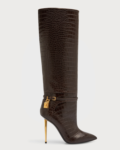Shop Tom Ford Lock Croco Stiletto Knee Boots In Chocolate