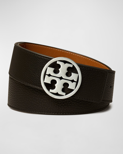 Shop Tory Burch Miller Logo Reversible Belt In Black / Gold