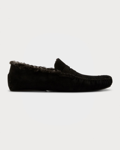 Shop Manolo Blahnik Men's Kensington 197 Fur-lined Suede Moccasin Loafers In Black