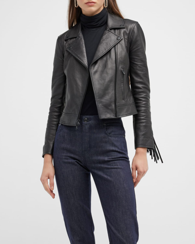 Shop L Agence Kravitz Fringe Lambskin Leather Jacket In Black