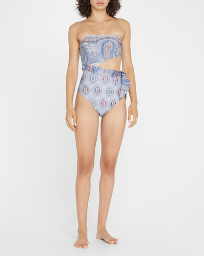 Shop Zimmermann Vitali Placement Scarf Tie One-piece Swimsuit In Blue Paisley
