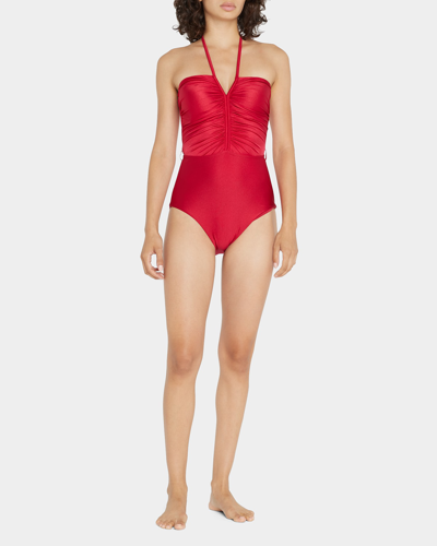 Shop Zimmermann Clover Ruched Halter One-piece Swimsuit In Cherry