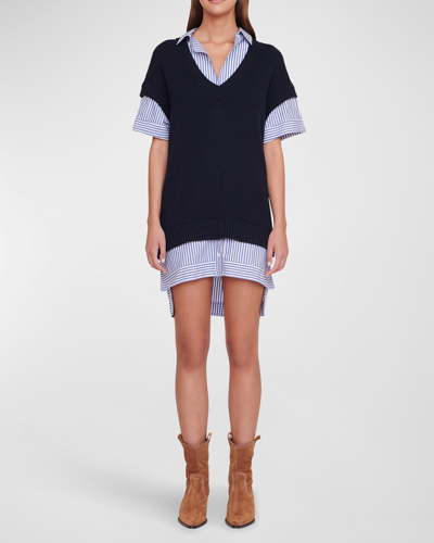 Shop Staud Bridget Knit & Shirting Mini Dress In Navy Blue White S