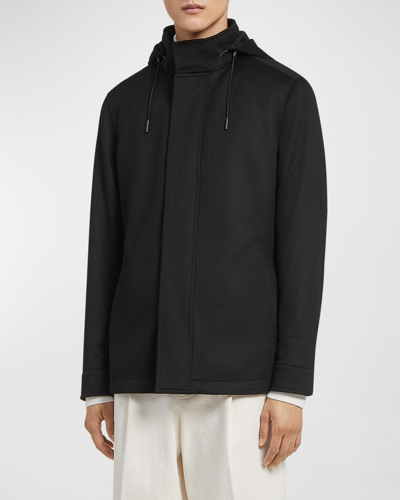 Shop Zegna Men's Hooded Cashmere Jacket In Black Solid