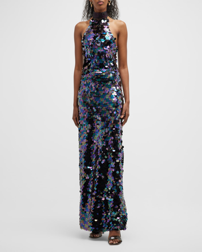 Shop Bronx And Banco Chantal Beaded Sequin Halter Gown In Black