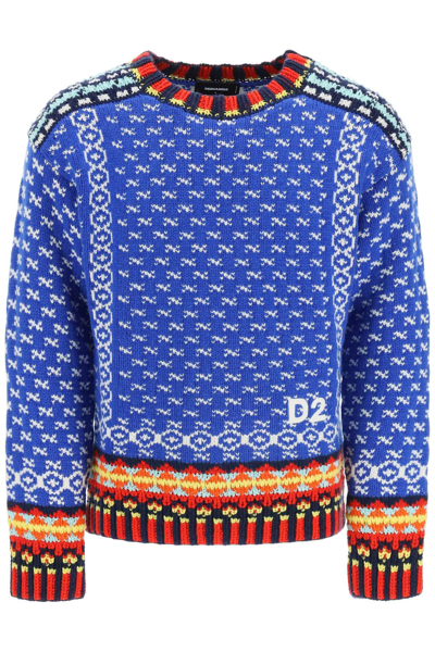 Dsquared2 Intarsia-knit Logo-embroidered Jumper In Blue