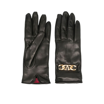 Shop Valentino Black Vlogo Leather Gloves