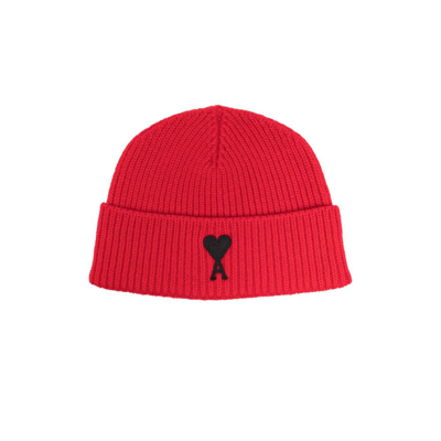 Shop Ami Alexandre Mattiussi Red Ami De Cœur Merino Wool Beanie Hat