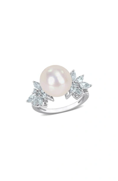 Delmar Sterling Silver 11-12mm Freshwater Pearl & Marquise Diamond Ring In White