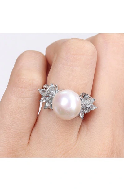 Delmar Sterling Silver 11-12mm Freshwater Pearl & Marquise Diamond Ring In White