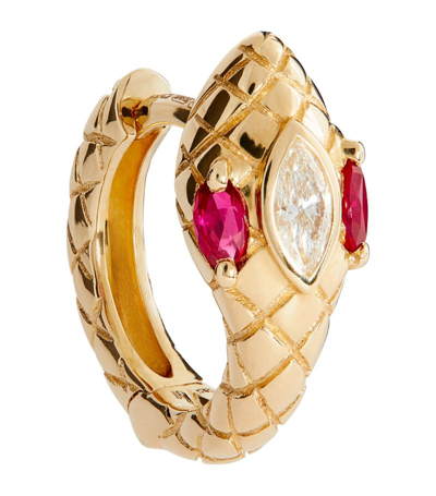 Shop Jacquie Aiche Yellow Gold, Diamond And Ruby Snake Mini Hoop Single Earring