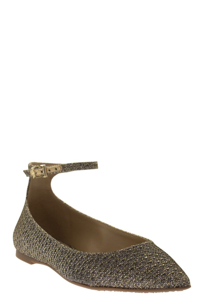 Shop Michael Kors Tia Flex Metallic Mesh Pointed Ballerina With Glitter In Gold