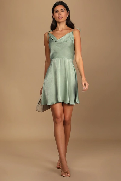Lulus Party With Prosecco Sage Green Satin Tie-back Mini Dress In Sage Green