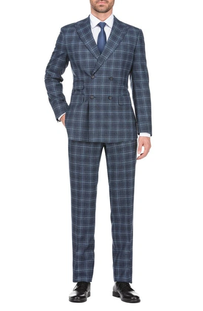 English Laundry 4-piece Trim Fit Double Breasted Plaid Jacket & Pants Suit Set In Blue