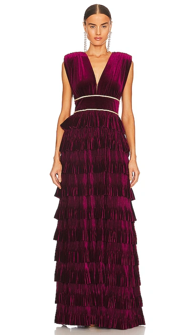Ruffled Rhinestone embellished Velvet Gown In Burgandy