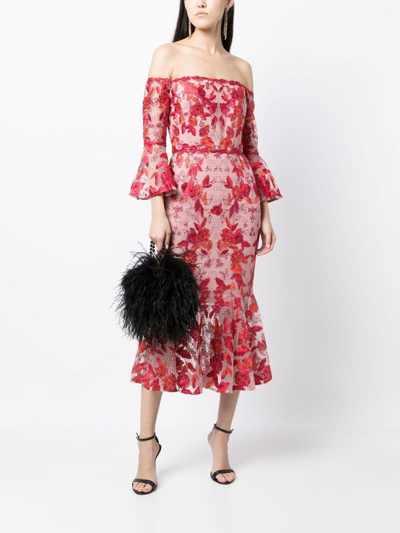 Shop Marchesa Notte Floral-embroidered Off-shoulder Dress In Rot