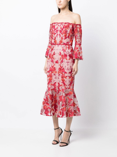 Shop Marchesa Notte Floral-embroidered Off-shoulder Dress In Rot