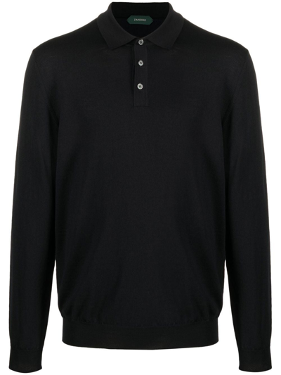 Shop Zanone Virgin Wool Blend Polo Shirt In Black
